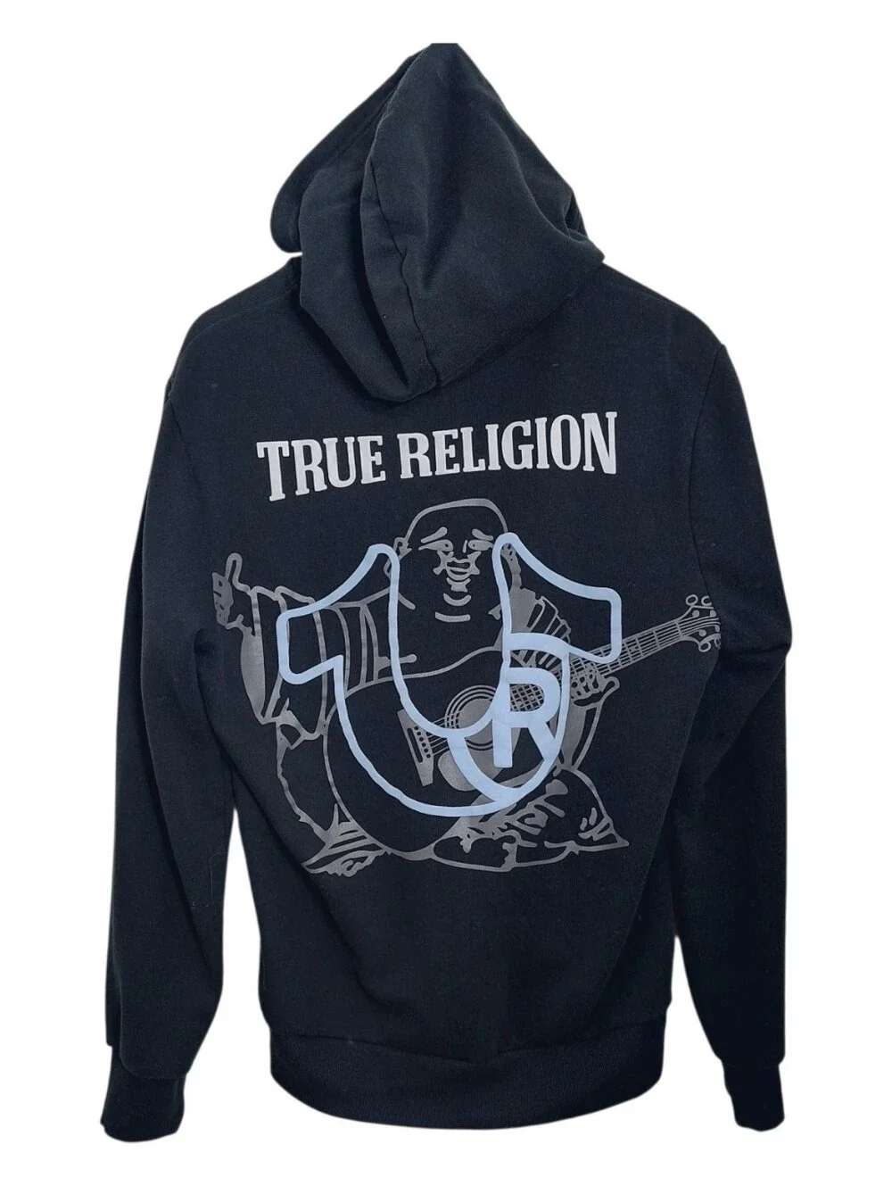 True Religion Men’s Size Large Black Graphic Hoodie Logo Back Print
